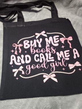 Black Tote Bag with Pink 'Buy Me Books' Graphic. 13x15